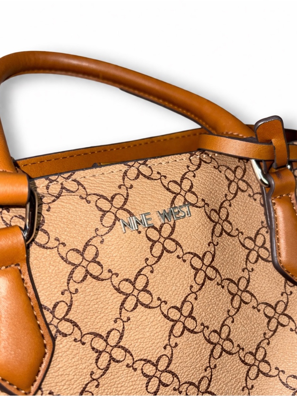 Nine West Tan Patterned Top-Handle Satchel with Cognac Trim